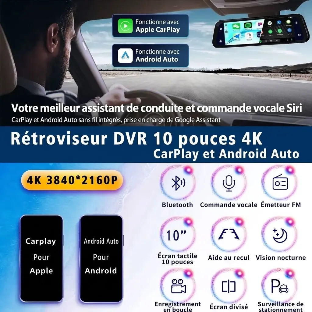 Dashcam Rétroviseur 10" 4K - CarPlay & Caméra de Recul