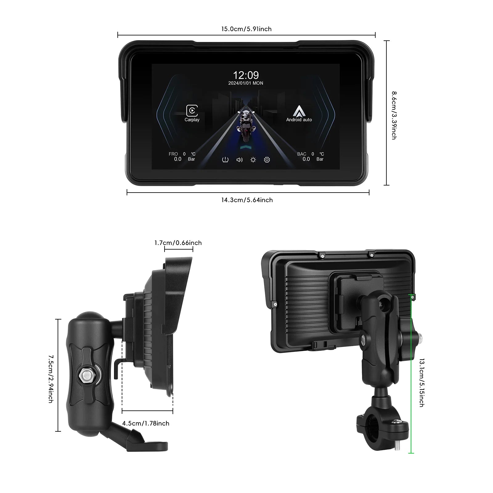 Écran Moto 5'' Étanche Carplay & Android Auto